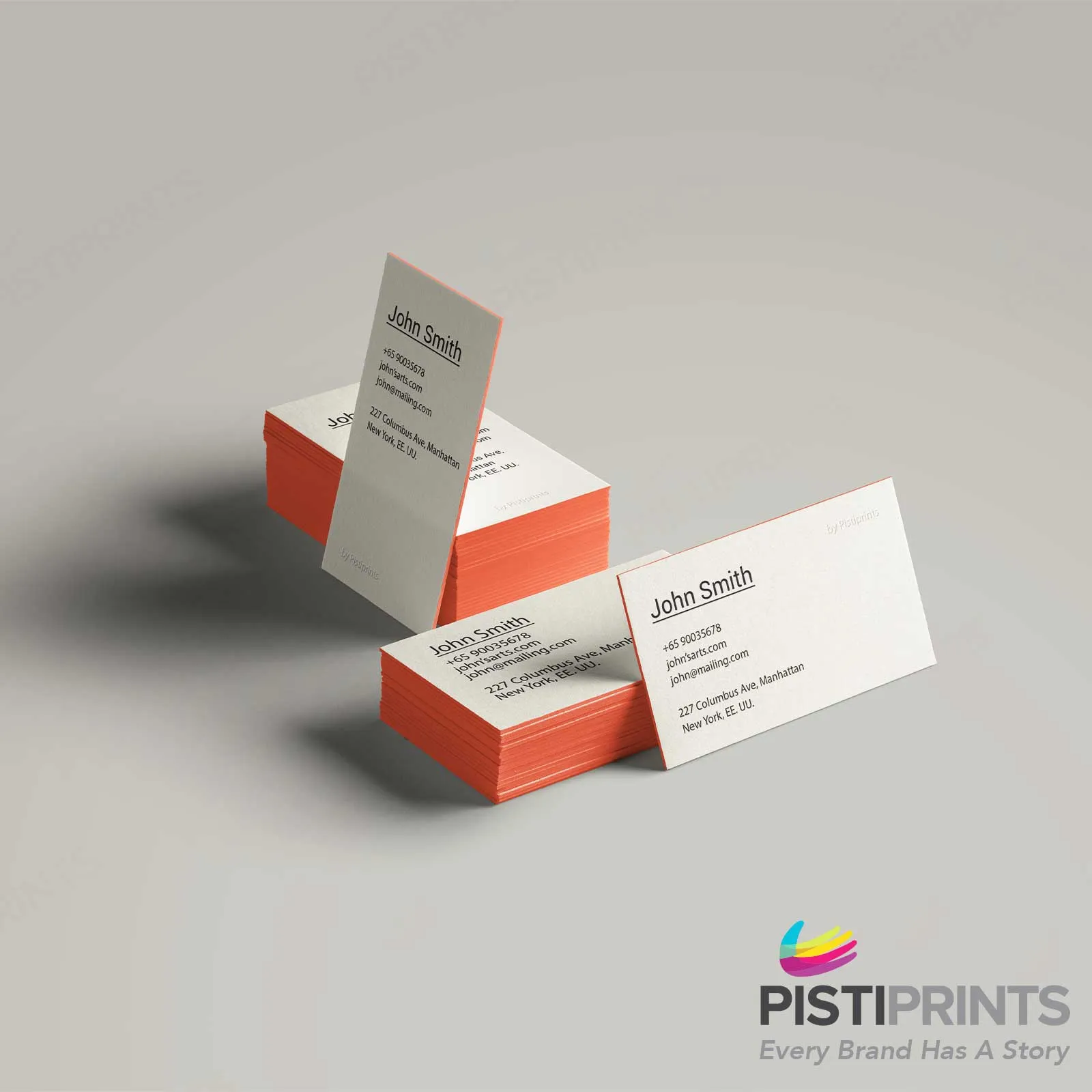 Stacks of professionally designed business cards with clean typography and colored edges, illustrating a step-by-step guide to creating your own business cards from concept to print.