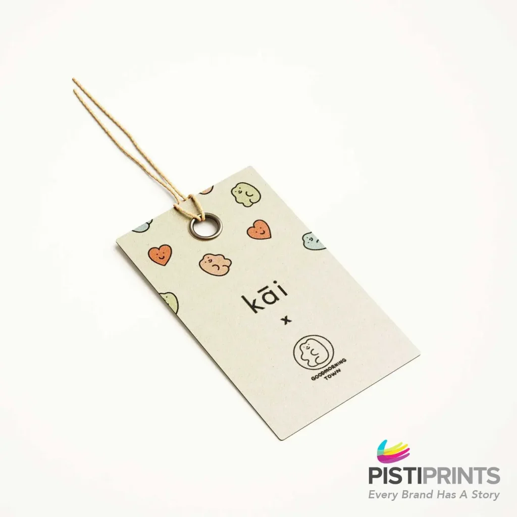 A custom-designed clothing hang tag with cute illustrated characters and minimalist branding, showcasing how personalised cloth labels can elevate an apparel brand.