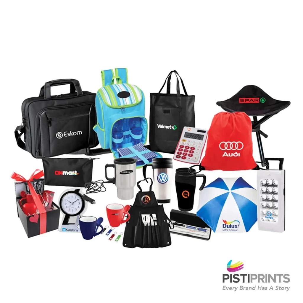 Collection of custom branded corporate gifting items such as bags, mugs, calculators, umbrellas, and promotional merchandise displayed together.